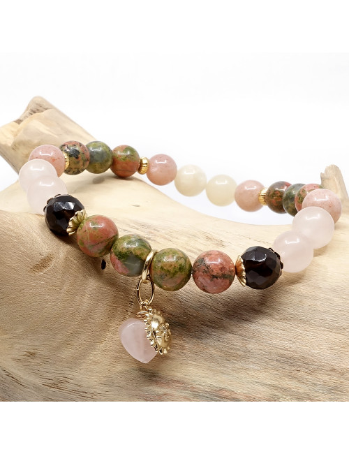 Unakite, quartz fumé, quartz rose et pierre de lune rose. Bracelet de la fertilité