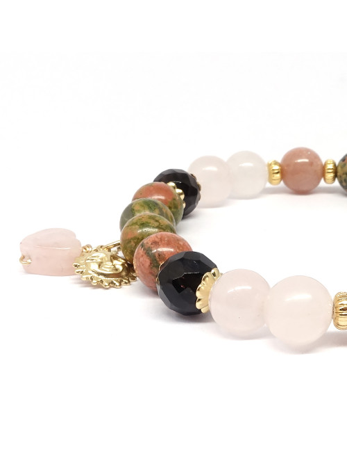 Unakite, quartz fumé, quartz rose et pierre de lune rose. Bracelet de la fertilité