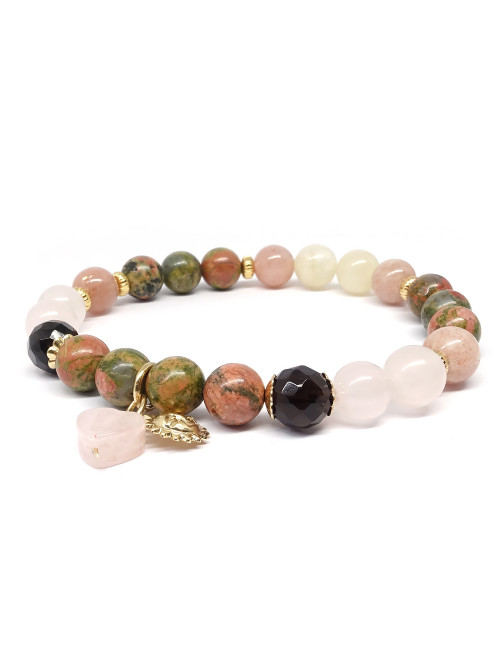 Unakite, quartz fumé, quartz rose et pierre de lune rose. Bracelet de la fertilité