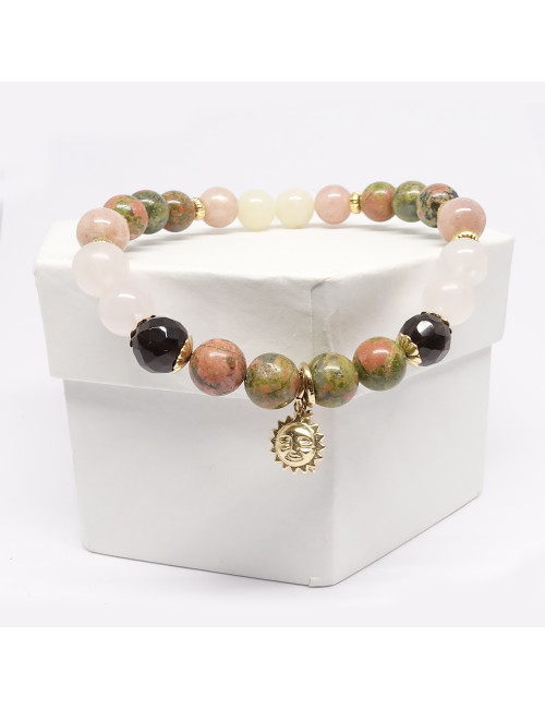 Unakite, quartz fumé, quartz rose et pierre de lune rose. Bracelet de la fertilité