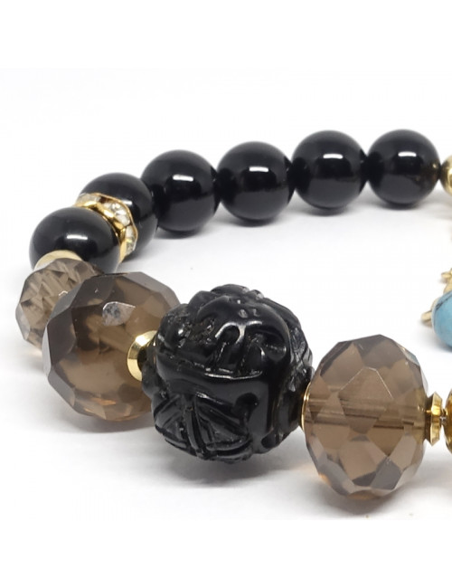 Bracelet création en pierre et matière organique onyx, quartz fumé et jais