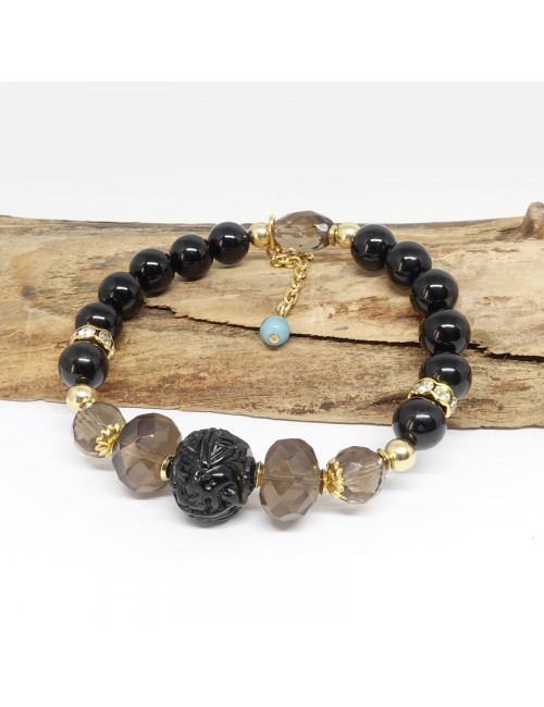 Bracelet création en pierre et matière organique onyx, quartz fumé et jais