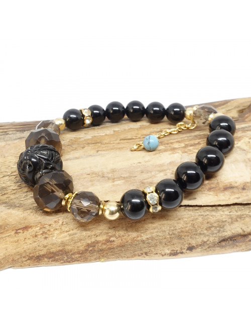 Bracelet création en pierre et matière organique onyx, quartz fumé et jais
