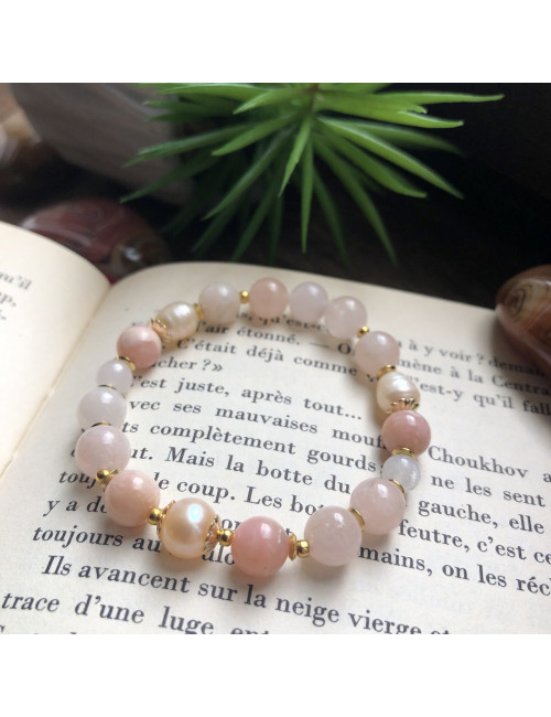 Bracelet extensible en morganite, opale rose et biwa avec gold filled