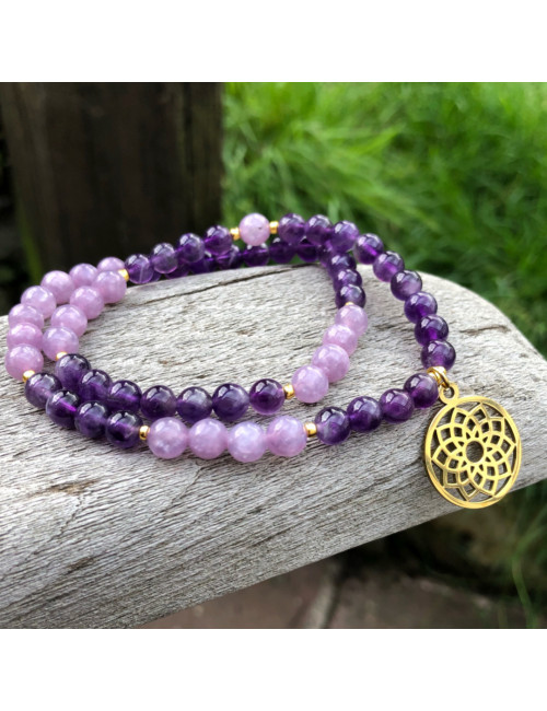 Bracelet extensible du chakra sahasrara double rang en pierre Améthyste et lépidolite