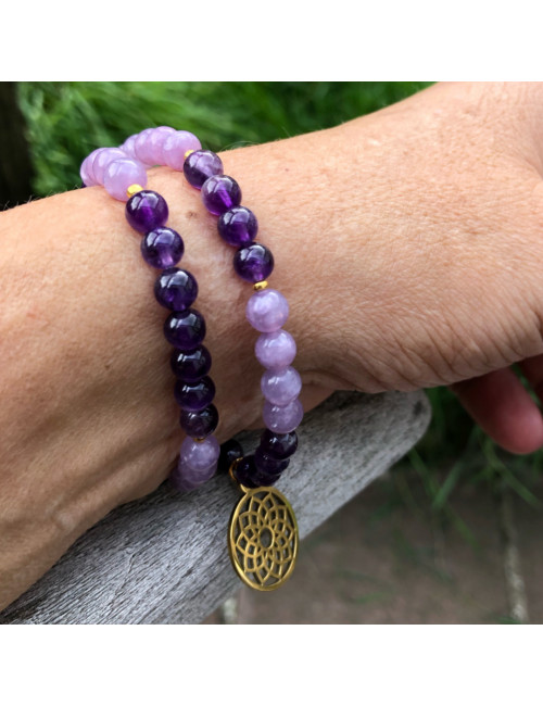 Bracelet extensible du chakra sahasrara double rang en pierre Améthyste et lépidolite