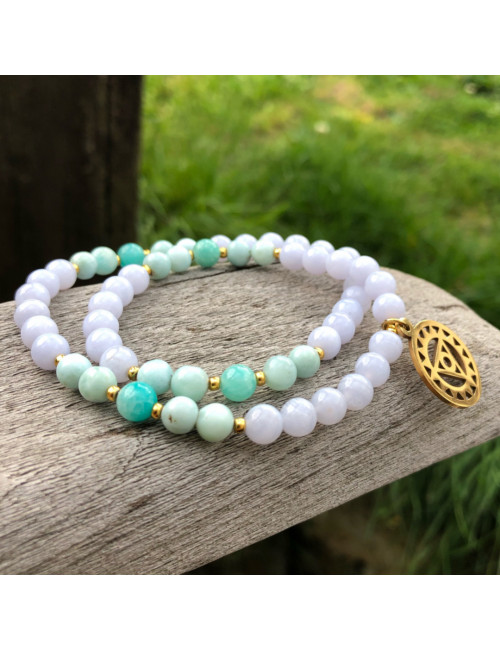 Bracelet extensible du chakra VISHUDDA double rang en pierre Cacédoine, larimar et amazonite