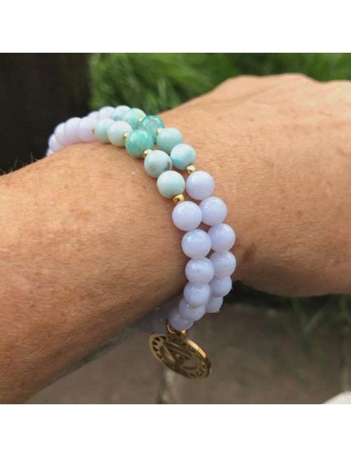 Bracelet extensible du chakra VISHUDDA double rang en pierre Cacédoine, larimar et amazonite