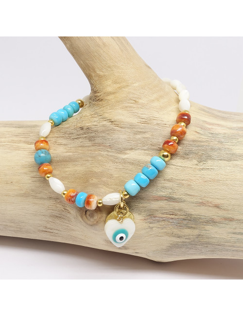 Bracelet extensible en Nacre, turquoise et corail