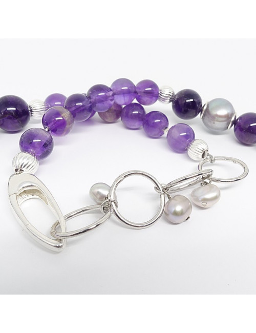 Collier améthyste et grosses perles d'eau douce grises