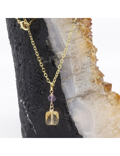 Pendentif création sur chaîne En PIERRE NATURELLE citrine et améthyste