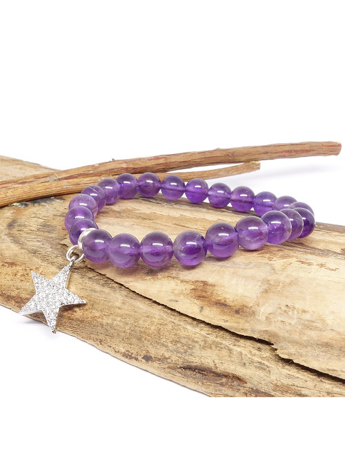 Bracelet extensible en PIERRE d'améthyste avec breloque étoile.