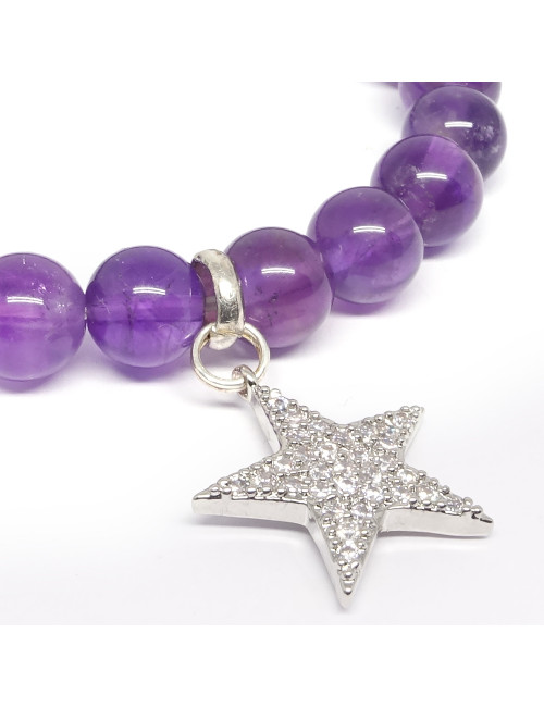 Bracelet extensible en PIERRE d'améthyste avec breloque étoile.