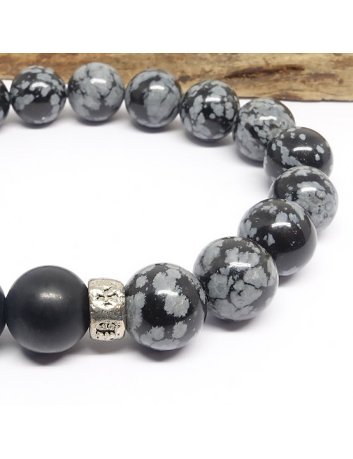 Bracelet extensible pour homme en PIERRE d’ obsidienne neige et d’onyx mate