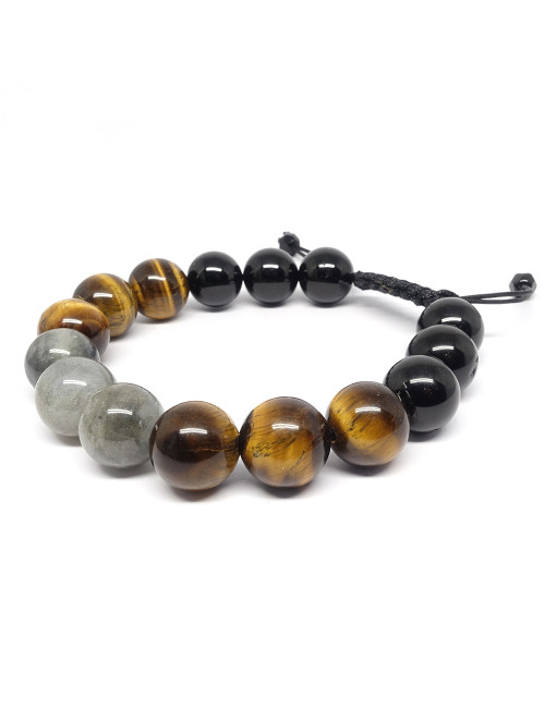 Bijou Homme en pierre semi-précieuse de labradorite, Oeil de tigre et de tourmaline noire.