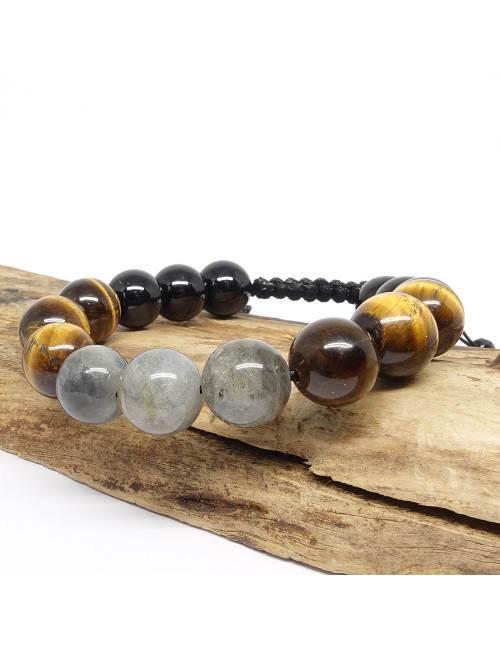 Bijou Homme en pierre semi-précieuse de labradorite, Oeil de tigre et de tourmaline noire.