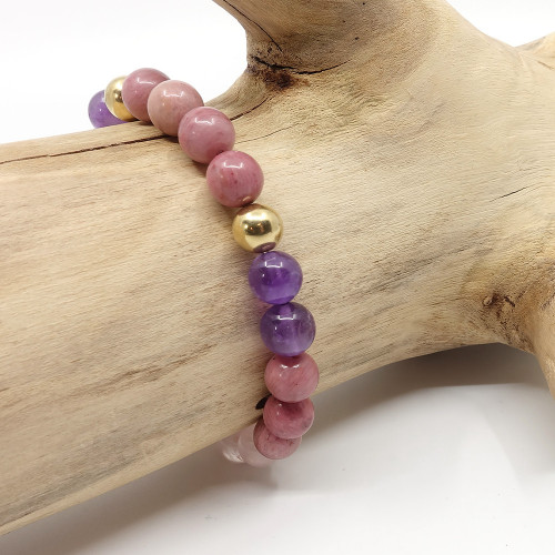 Apaisement et pardon. Pierres Rhodonite, quartz rose et améthyste.