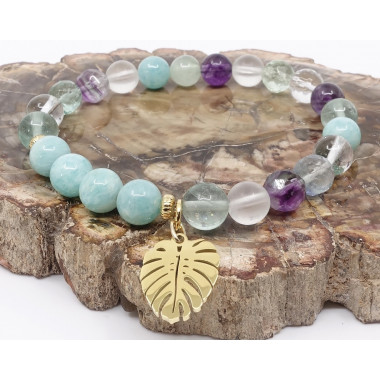 Bracelet extensible en PIERRE amazonite, fluorite et cristal de roche.