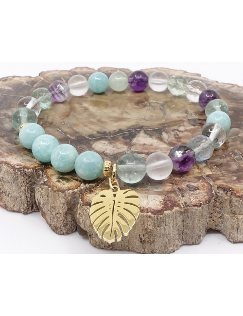 Bracelet extensible en PIERRE amazonite, fluorite et cristal de roche.