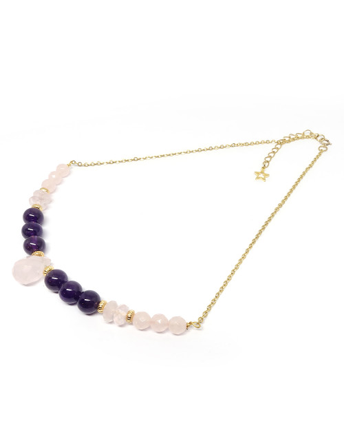 Tour de cou avec les pierres Améthyste et quartz rose facetté