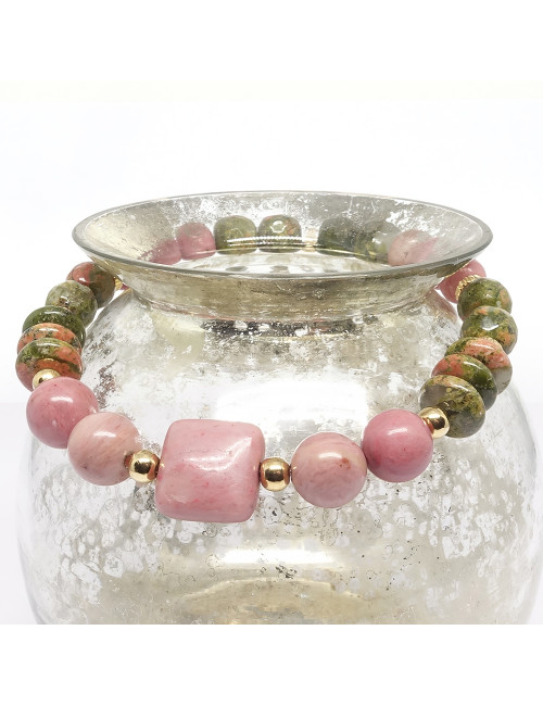 Bracelet de la féminité en pierre rhodonite et unakite.