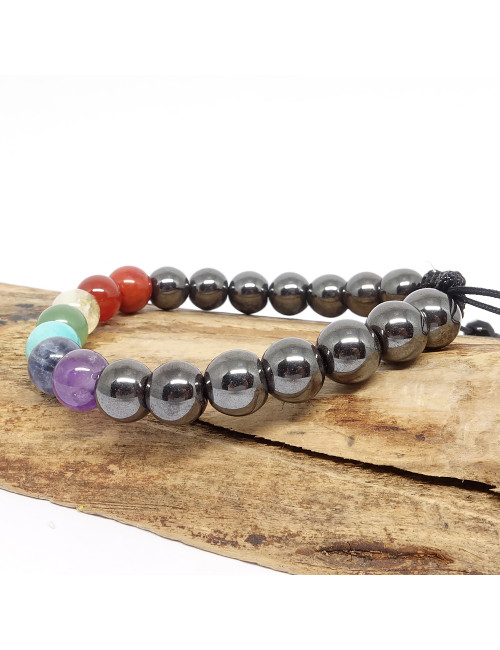 Magnifique bracelet 19/20 cm composé de 21 pierres naturelles qui représentent les 7 chakras avec des pierres d'hématite