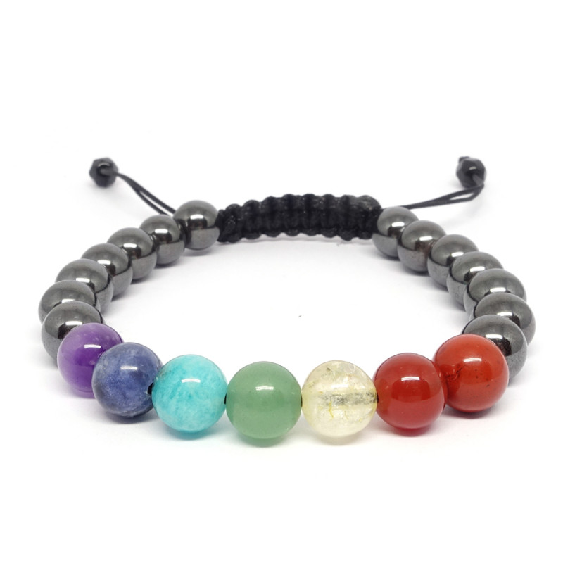Magnifique bracelet 19/20 cm composé de 21 pierres naturelles qui représentent les 7 chakras avec des pierres d'hématite