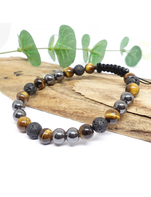 Bracelet homme en PIERRE de lave, hématite et oeil de tigre