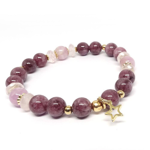 Bracelet extensible en PIERRE lépidolite, quartz rose facetté et kunsite.