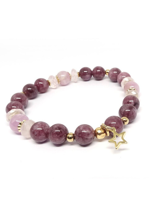 Bracelet extensible en PIERRE lépidolite, quartz rose facetté et kunsite.