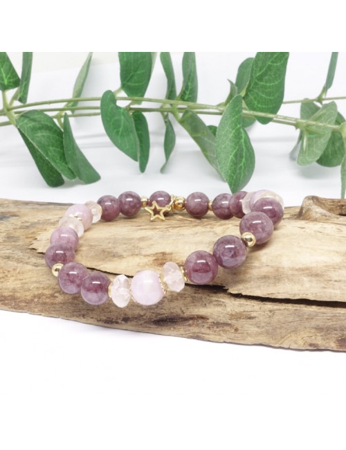 Bracelet extensible en PIERRE lépidolite, quartz rose facetté et kunsite.