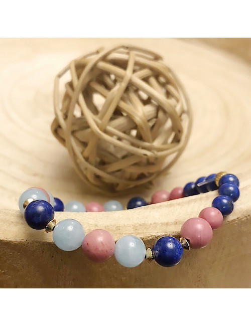 Lapis lazuli, aigue-marine et rhodonite, Bracelet extensible