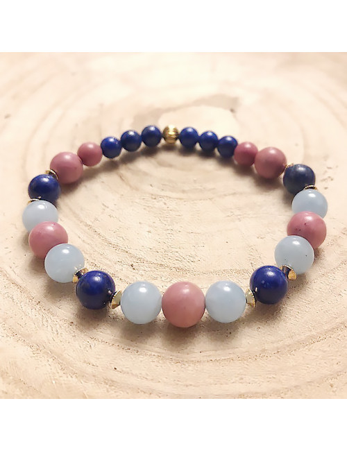 Lapis lazuli, aigue-marine et rhodonite, Bracelet extensible