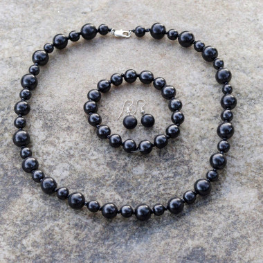 Shungite, Parure collier, bracelet et boucles d’oreilles