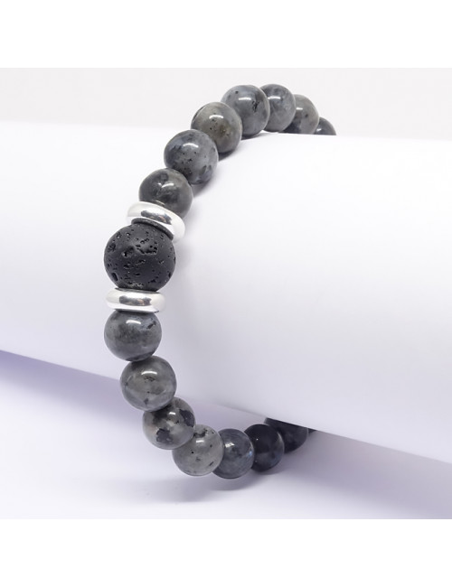 Bracelet homme NOIR extensible en Larvikite et lave