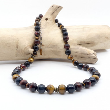 copy of Collier homme pierres 10 mm des 3 oeils (oeil de tigre, oeil de faucon et oeil de taureau)