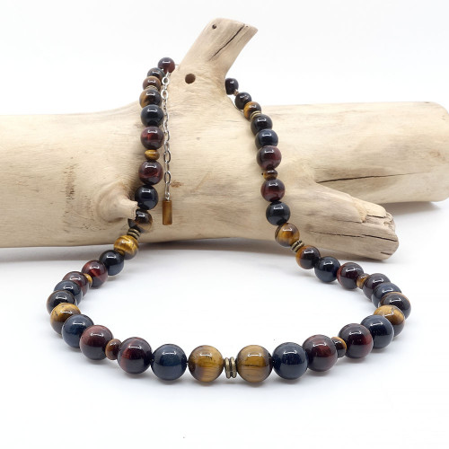 copy of Collier homme pierres 10 mm des 3 oeils (oeil de tigre, oeil de faucon et oeil de taureau)
