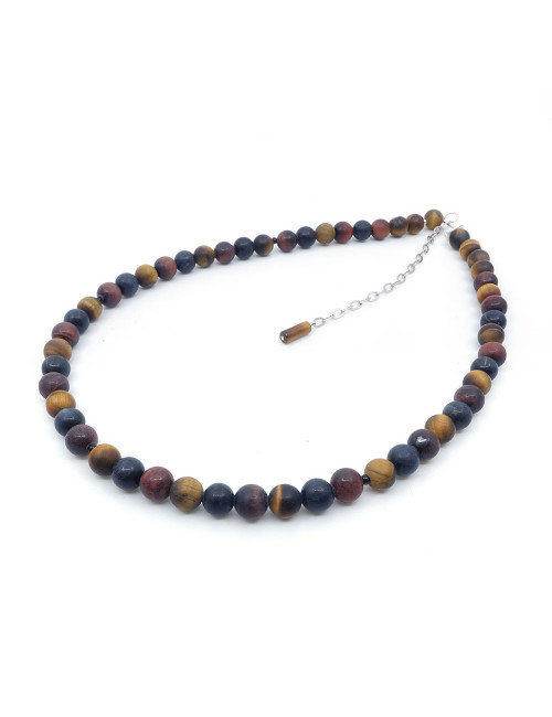 Collier Homme en pierres des 3 oeils (oeil de tigre, oeil de faucon et oeil de taureau).