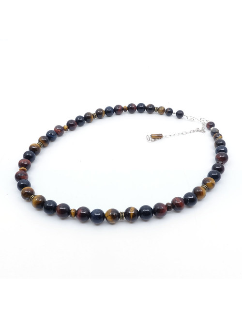 Collier homme en pierres de 3 oeils (oeil de tigre, oeil de faucon et oeil de taureau).