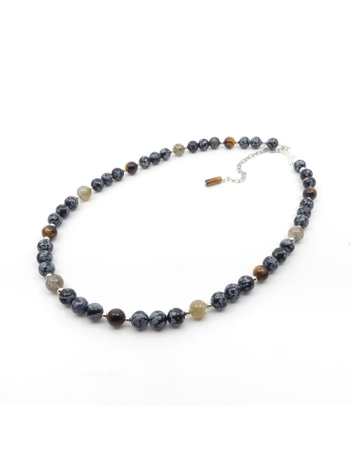 Collier homme en PIERRE obsidienne neige, oeil de tigre et labradorite