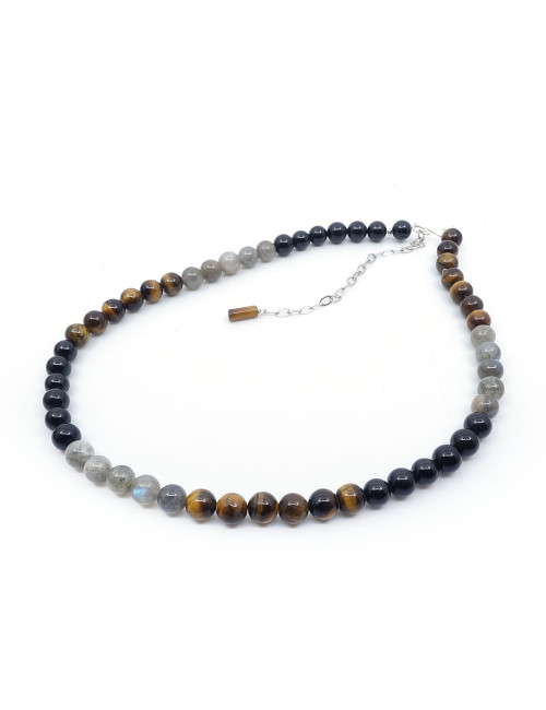 Collier homme en pierre naturelle tourmaline, labradorite et oeil de tigre