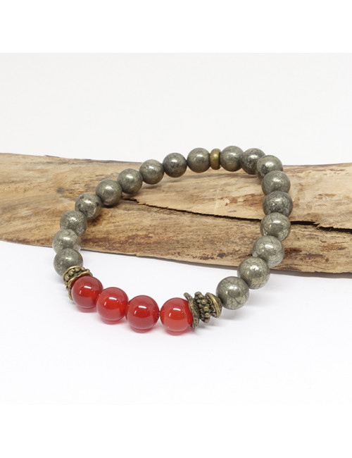 Bracelet extensible en PIERRE NATURELLE Pyrite et cornaline