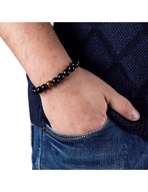 Bracelet en pierre obsidienne noire et Oeil de tigre 8 mm