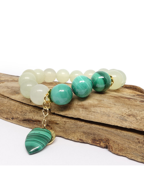 Bracelet extensible en PIERRE de jade et malachite véritable