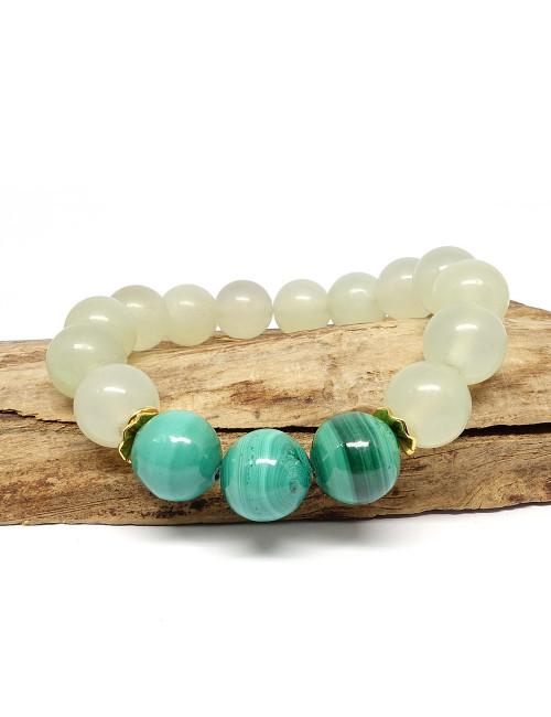 Bracelet extensible en PIERRE de jade et malachite véritable