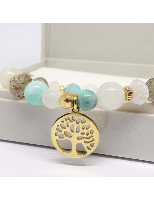 Pierre de lune, amazonite et quartz fumé, Bracelet extensible avec breloque arbre de vie
