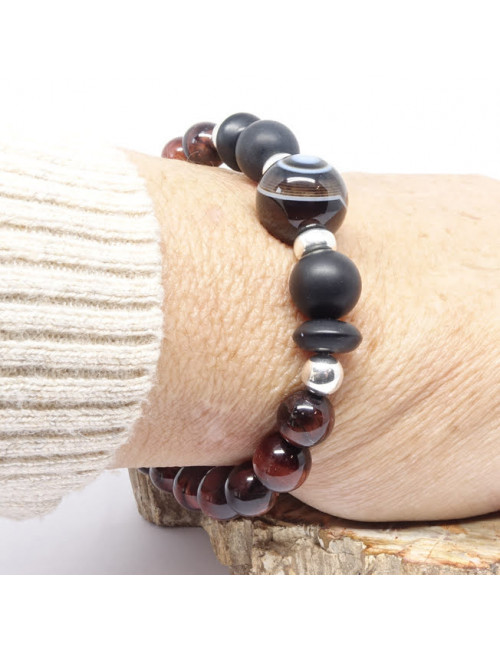 Agate, onyx mate et Oeil de taureau, Bracelet extensible