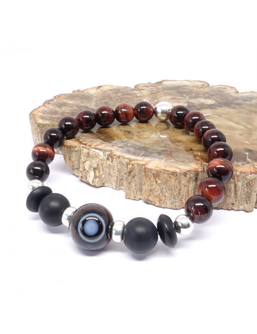 Agate, onyx mate et Oeil de taureau, Bracelet extensible