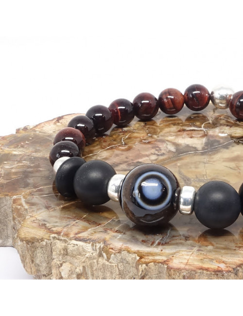 Agate, onyx mate et Oeil de taureau, Bracelet extensible