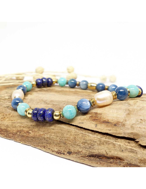 Bracelet extensible en PIERRE NATURELLE semi-précieuse de Lapis lazuli, amazonite, cyanite et perle biwa.